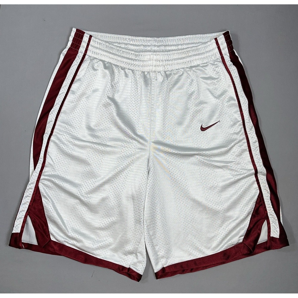 VTG Nike Mens Basketball Shorts Medium M White Maroon Shiny Mesh Y2K Gym Swoosh